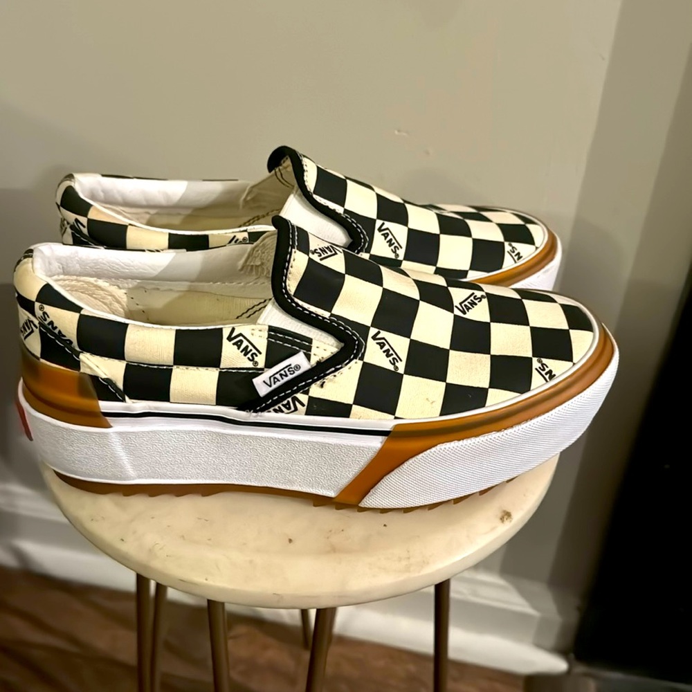 Vans Checkerboard Platform Slip-On Sneakers in Black & Cream with Tan Accent